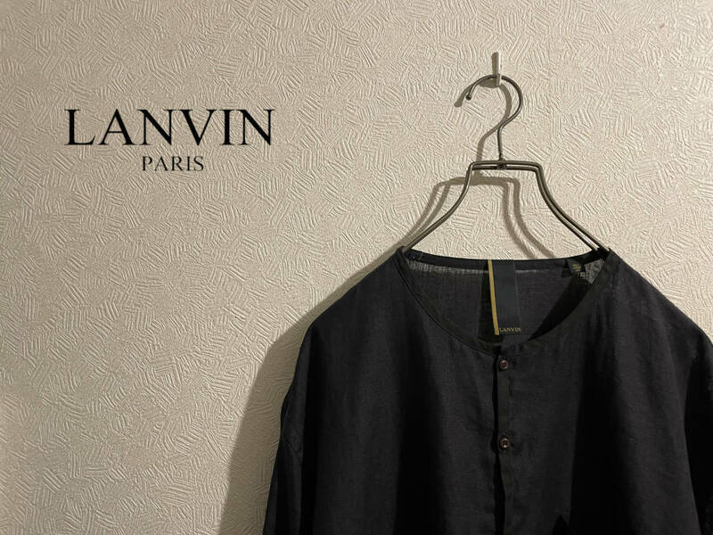 ◯ スイス製 LANVIN メインライン ヘンリーネック リネン カットソー / ランバン Tシャツ ロンT L ブラック 黒 Mens #Sirchive
