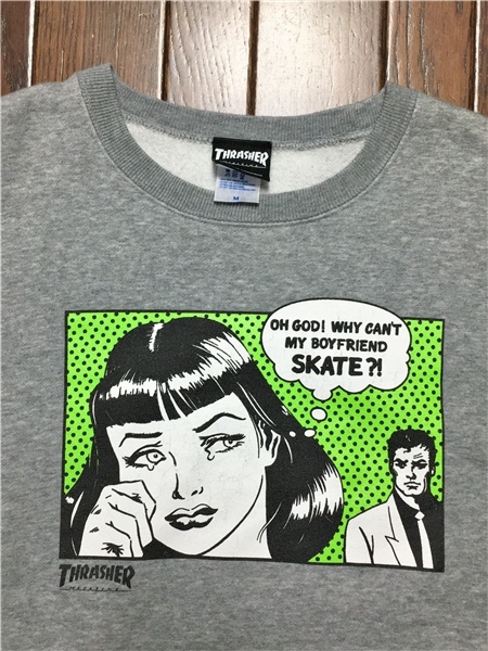 スラッシャー ＴＨＲＡＳＨＥＲ アメコミ調 プリント スウェット Ｍ 霜降りグレー スケート スケボー スケーター