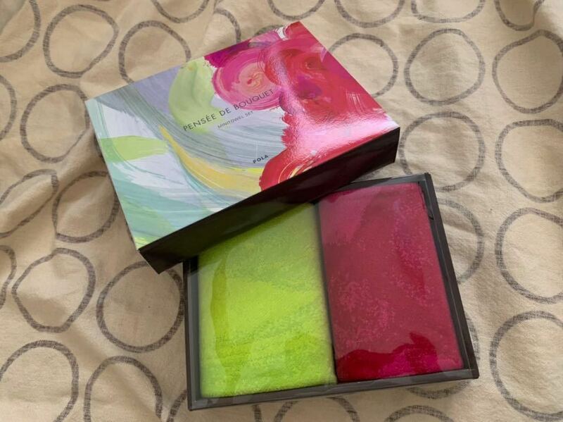 未使用品 POLA カラフルなミニタオルセット 化粧箱入 25×25cm ネオングリーン ネオンピンク