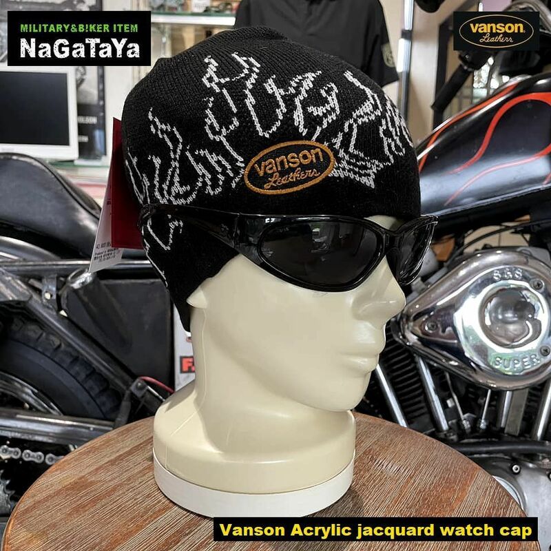 バイカー系 VANSON バンソン NVCP-2209 フレイム刺繍 アクリルジャガード ワッチキャップ ブラック×ホワイト 帽子 ニット