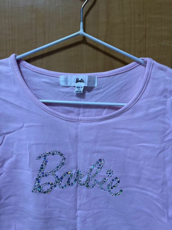 Barbieバービーピンクストーンラメロゴ七分袖丈長袖、ロンTMサイズ