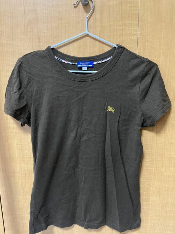 Burberryバーバリーブルーレーベル半袖Tシャツ38サイズ三陽商会、カーキ黄色ゴールド刺繍ロゴ