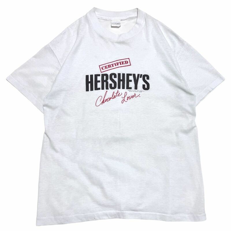 5千スタ【90s USA製 企業 HERSHEY'S Chocolate Lover プリント Tシャツ L】メーカー チョコレート 老舗 ビンテージ 古着 ハーシーズ 着用