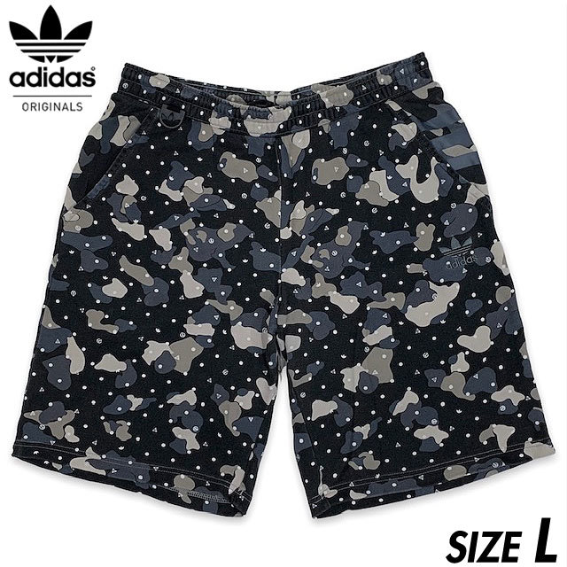 国内正規品■adidas (アディダス オリジナルス) 迷彩 水玉 トレフォイル ドット柄 スウェット ハーフパンツ 灰グレー L ジャージ