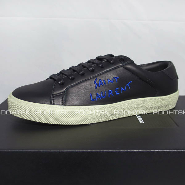 SAINT LAURENT PARIS サンローランパリ2018AW SL/06 MOON PLUSムーン プラス刺繍ロゴ レザー ローカット スニーカー36ブラック ブルー