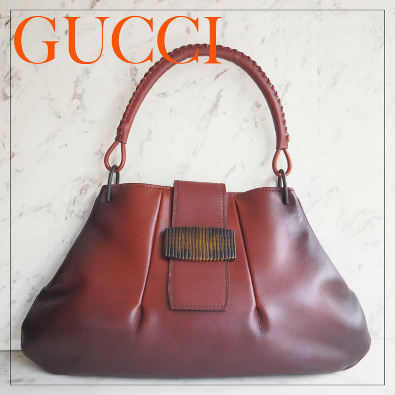 希少高級美品★ グッチ GUCCI グラデーションレザー ウッド ワンショルダーバッグ ハンドバッグ ボルドー ワインレッド 赤 ブラウン