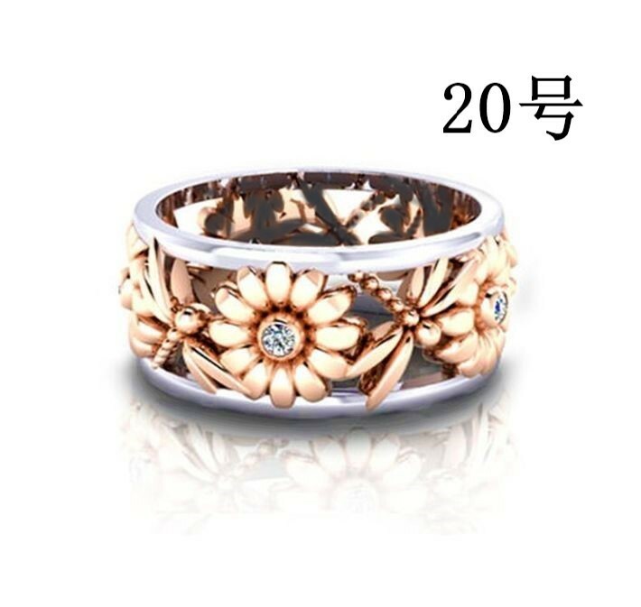 花＆とんぼ リング 20号 シルバー ピンクゴールド 指輪 太め 幅広 透かし フラワー トンボ コンビ メンズ