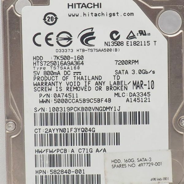 HITACHI HDD HTS725016A9A364 ハードディスク 160GB SATA 2.5インチ 管14786