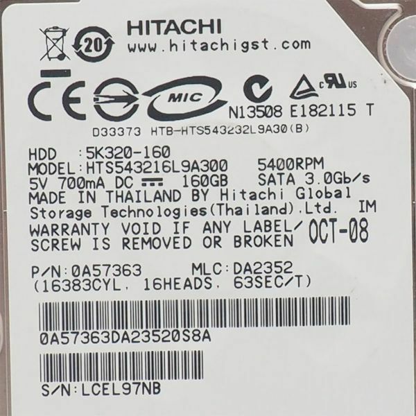 HITACHI HDD HTS543216L9A300 ハードディスク 160GB SATA 2.5インチ 管14785