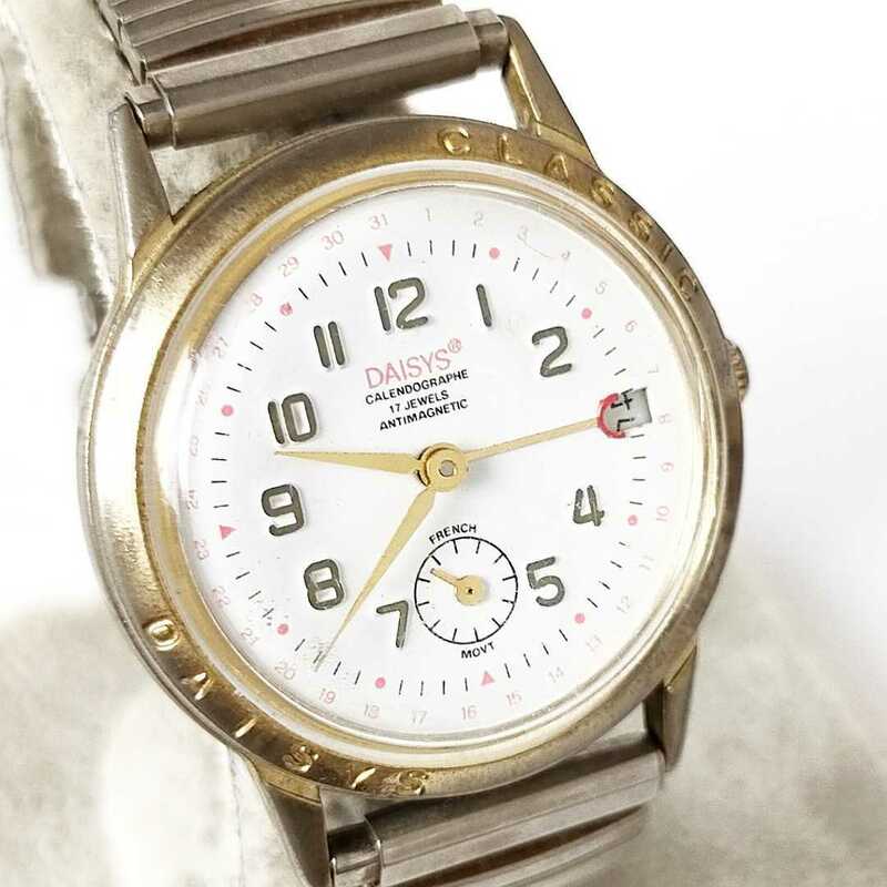 DAISYS 手巻き クラシック スモセコ デイト ホワイト文字盤 手巻き SWISS MADE 3針 裏スケルトン メンズ腕時計 ジャンク g621