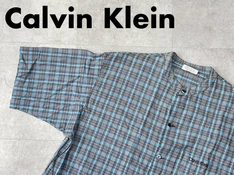☆送料無料☆ Calvin Klein カルバンクライン USA直輸入 古着 半袖 チェック バンドカラー 胸ポケット付 シャツ メンズ XL グレー トップス
