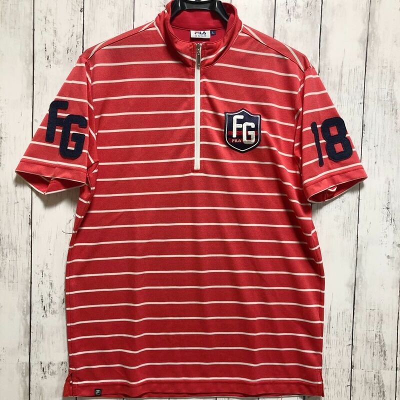 【FILA GOLF】 フィラ ゴルフ ハーフジップシャツ 半袖 メンズ L ピンク×ホワイト 刺繍 送料無料！