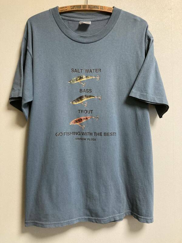 90s USA製 ヴィンテージ BASS SALT WATER ソルトウォーター MINNOW PLUGS ルアー Tシャツ 釣り フィッシング