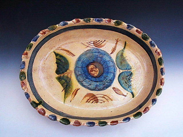 古民芸 ◆ メキシコ 三彩 青花文様 楕円鉢皿