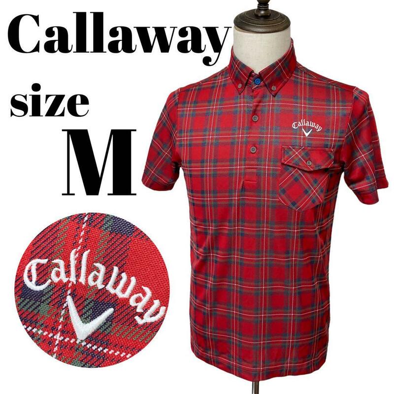 【GOLFウェア】Callaway キャロウェイ タータンチェック ポロシャツ 半袖 ロゴ 刺繍 ボタンダウンカラー スポーツ ゴルフ ウェア Mサイズ