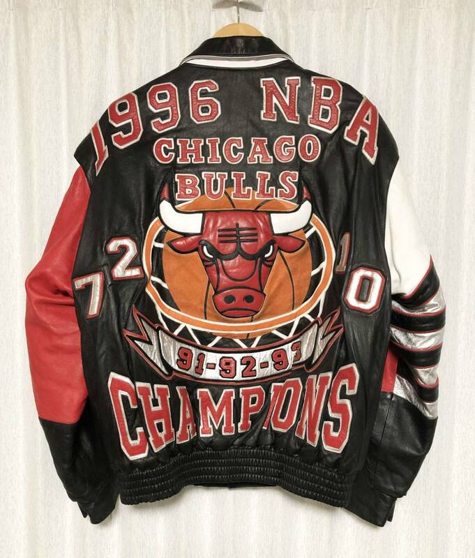 [90s JH design] 1996年 NBA CHICAGO BULLS 4度目優勝記念 限定 オールレザースタジャン レザージャケット M 本革 ジェフハミルトン ブルズ