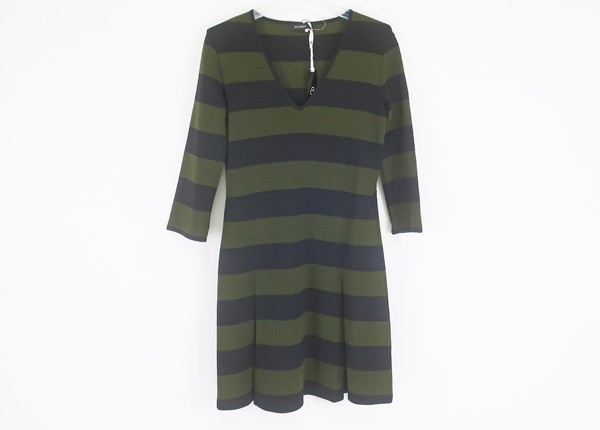◇美品【Max＆Co. マックス＆コー】ボーダー Vネックワンピース ブラック×ダークグリーン S