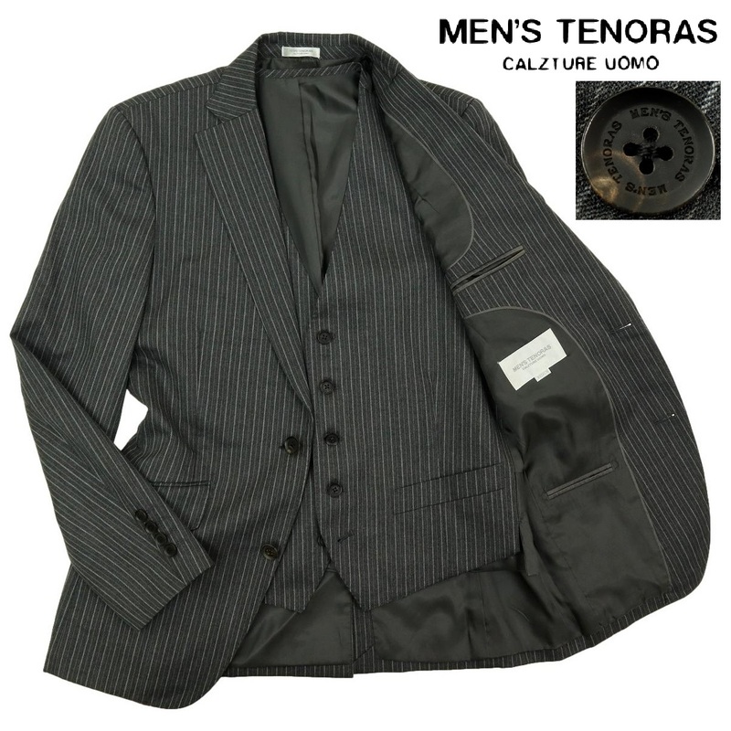 【M291】【極美品】【2点セット】MEN'S TENORAS メンズティノラス テーラードジャケット ブレザー スーツ ベスト ジレ ストライプ サイズM