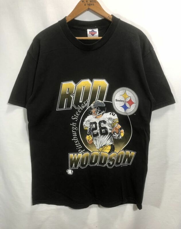 ■ 90s USA製 ビンテージ NFL ピッツバーグ スティーラーズ ロッドウッドソン イラスト Tシャツ サイズL ブラック アメフト Steelers ■