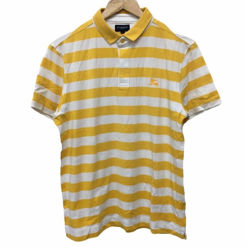 ☆H-52 BURBERRY GOLF バーバリー ゴルフ ロゴ ボーダー 柄 半袖 ストレッチ ポロシャツ Tシャツ L イエロー ホワイト ゴルフ メンズ