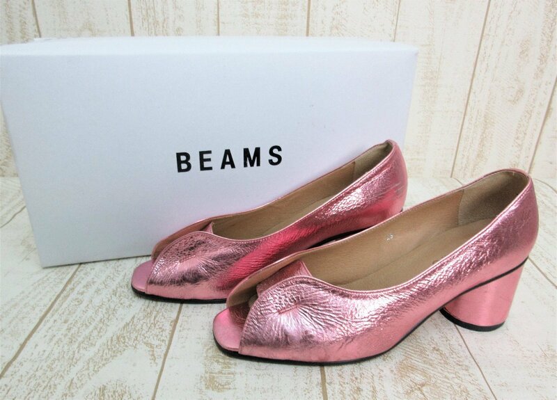 BEAMS/ビームス：オープントゥパンプス ピンク チャンキーヒール 日本製 23cm レディース/中古/USED