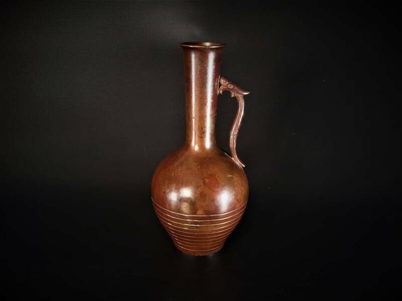 【旧家買取品】銅花瓶 銅制　花器　刻印あり　龍取っ手