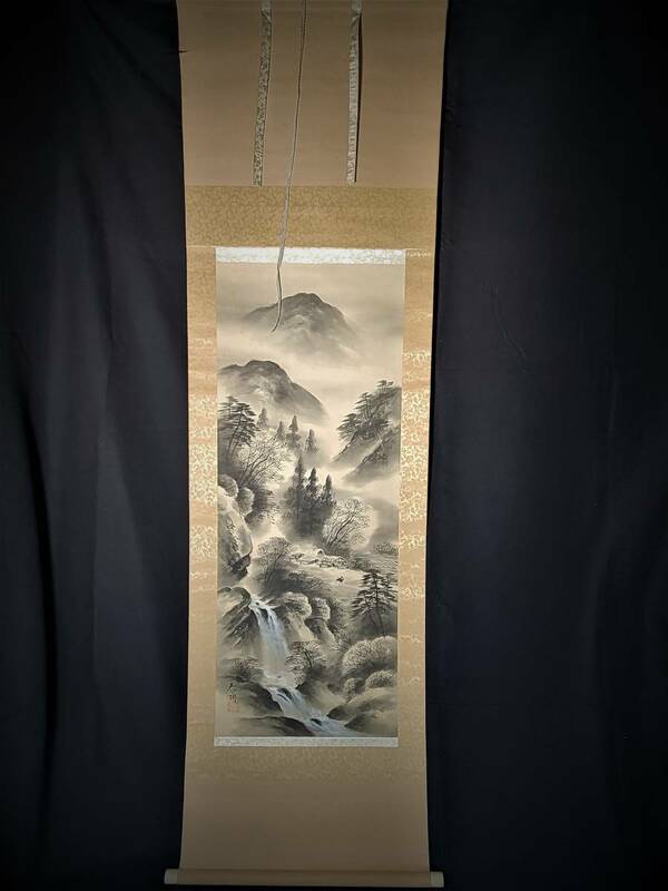 掛032】　水墨山水画　　山口泰樹作　 肉筆　旧家買取品　◆横約60cmx縦約180cm◆