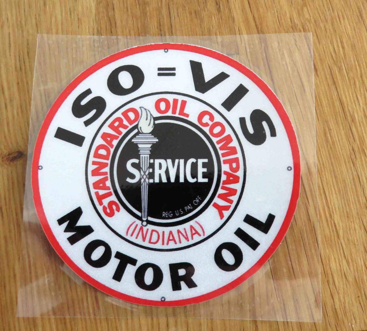 白赤STレトロ◆新品ISO-VIS MOTOR OILガソリン　オイルステッカー　シール防水◆アメリカ◎自動車　大型バイク　DIY倉庫■ガソリン　オイル