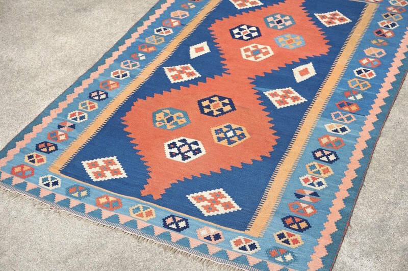 キリム 手織り 中近東 143cm×97cm ブルー系 カーペット 絨毯 トライバルラグ / トルコ アフガニスタン アフガン イラン ヴィンテージ