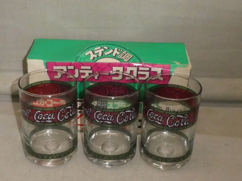 ●昭和レトロ コカ・コーラ ステンド調 アンティークグラス 3客 Coka cola コップ タンブラー●