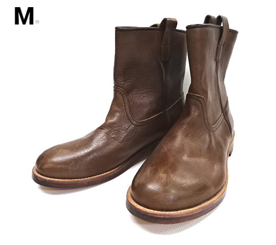 9 未使用 \50,400【M☆ [エム] leather pecos boots 11AW-MAC 006 dark brown Mエム レザーペコスブーツ レザーブーツ ダークブラウン】