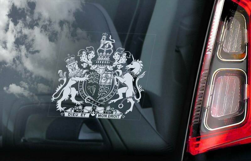 ◆イギリス国章(イギリス王室紋章) コート・オブ・アームズ(英国王紋章)ROYAL COAT OF ARMS UK 外張り カーステッカー 105×100mm@B1 3364
