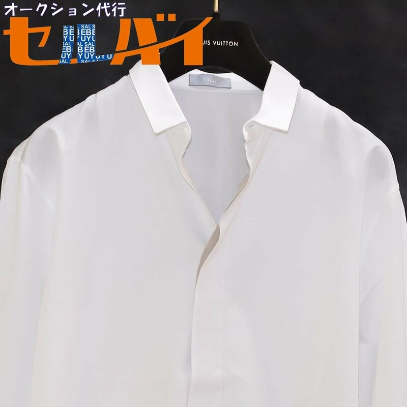 本物 極上品 ディオールオム 最高級イタリア製 タイニーカラー コットンドレスシャツ メンズ37 ホワイト 長袖 トップス Dior HOMME