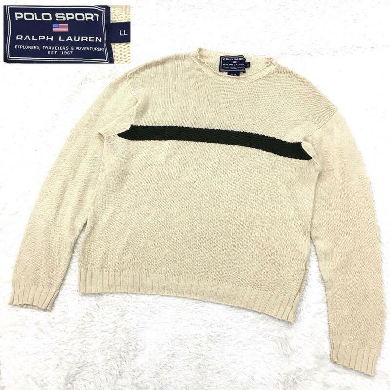 POLO SPORT RALPH LAUREN ポロ スポーツ ラルフローレン コットンニットセーター リネンブレンド 長袖 丸首 ライン 大きい サイズLL