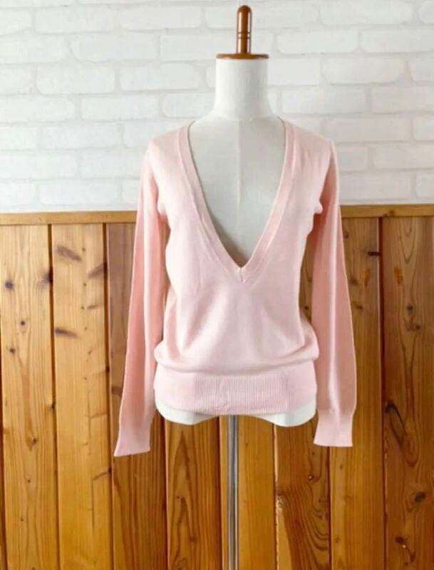 新品 LINK IT ALL レディース Vネック ニット セーター Mサイズ位 淡いピンク ナースカラー 長袖 未使用品 トップス pink knit F