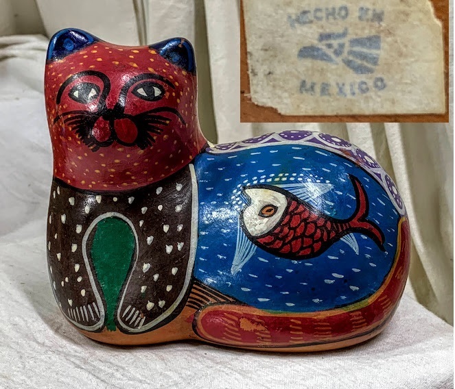 MEXICO/メキシコ ビンテージ トナラ焼き 陶器 ハンドペイント 座り 猫 ネコ オブジェ 民藝 工芸品 folkart フォークアート コレクション