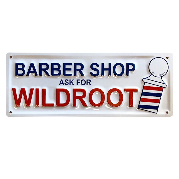 エンボスメタルサイン BARBAR バーバーショップ WILDROOT 高さ20×幅52cm ブリキ看板