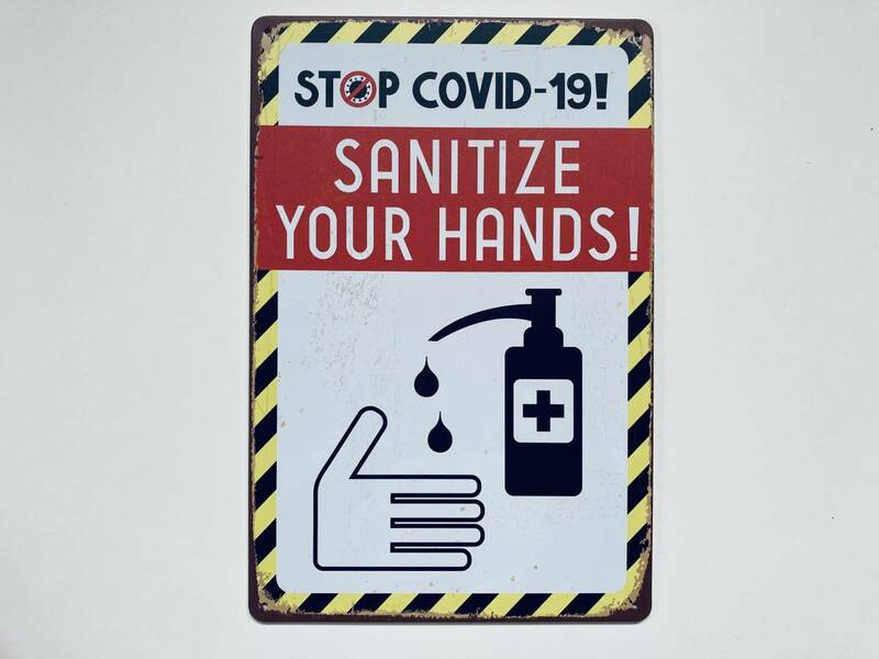 ブリキ看板 20×30㎝ 手指 消毒 STOP COVID-19 SANITIZER YOUR HAND コロナ 感染対策 グッズ 警告 飾り 店舗 インテリア 新品 PRO-154