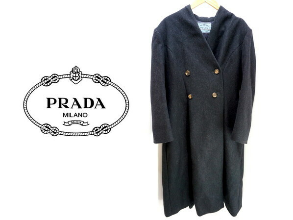 ●プラダ PRADA 黒 墨色 グレー レディース ノーカラー ウール ロング コート 42 細身●GB 高級 ウール100％