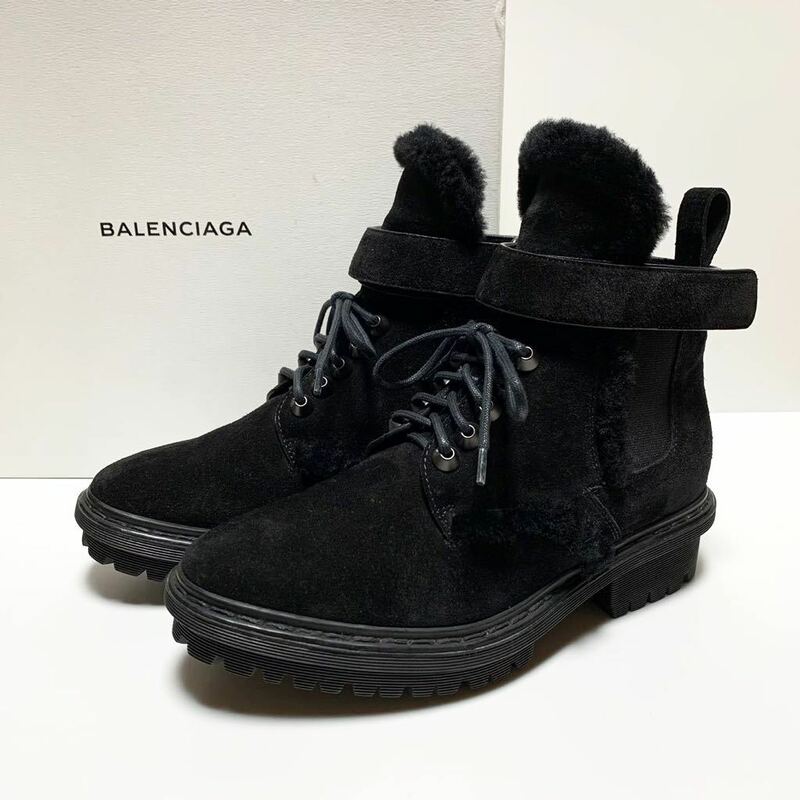 ☆美品 バレンシアガ BALENCIAGA サイドゴア ムートン スエード レースアップ ブーツ 黒 size 36 イタリア製 箱付き ショートブーツ