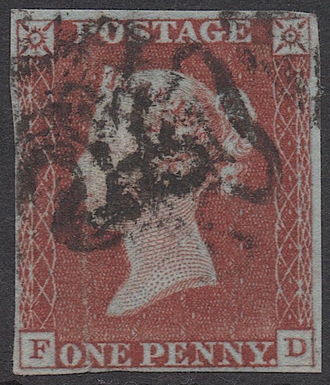 クラッシックイギリス切手・ヴィクトリア女王1841年ペニーレッド「スコット＃３, F-D」マルタ十字、使用済み