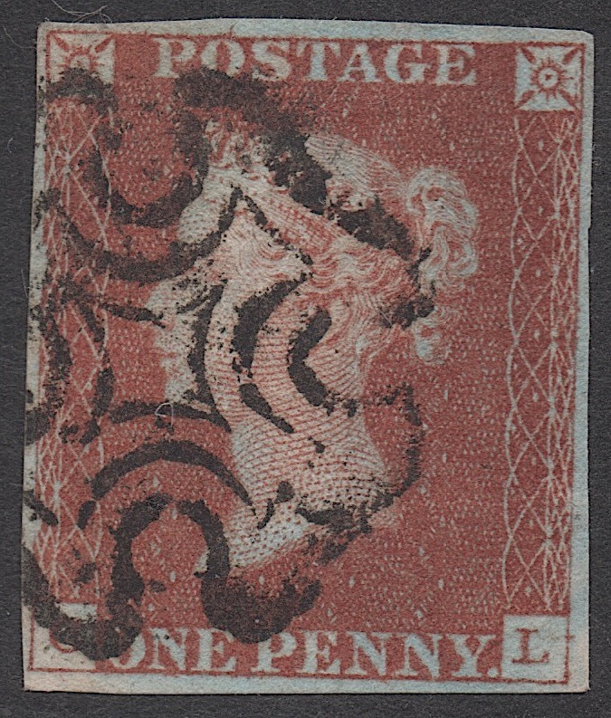 クラッシックイギリス切手・ヴィクトリア女王1841年ペニーレッド「スコット＃３, C-L」マルタ十字、使用済み