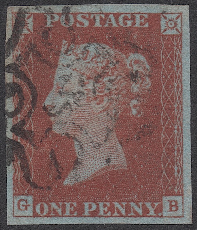 クラッシックイギリス切手・ヴィクトリア女王1841年ペニーレッド「スコット＃３, G-B」マルタ十字消印、使用済み
