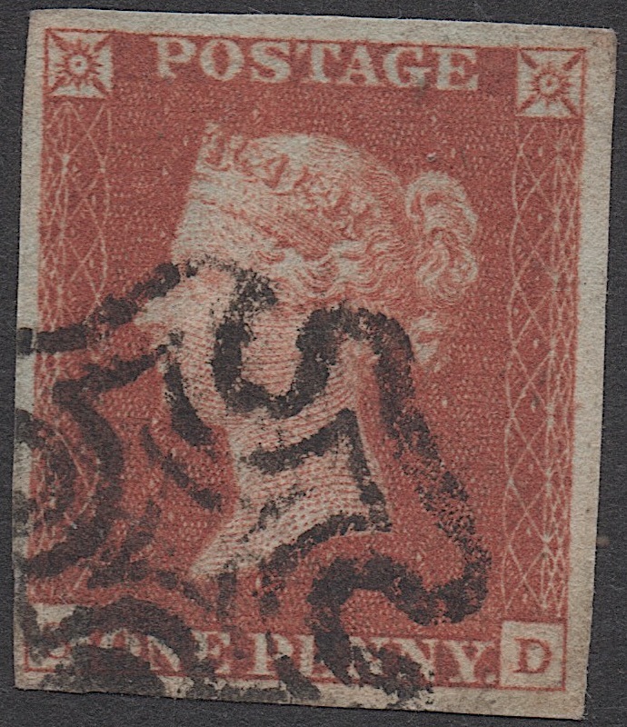 クラッシックイギリス切手・ヴィクトリア女王1841年ペニーレッド「スコット＃３, G-D」マルタ十字消印、使用済み