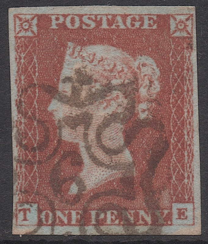 クラッシックイギリス切手・ヴィクトリア女王1841年ペニーレッド「スコット＃３, T-E」茶色いマルタ十字消印、使用済み