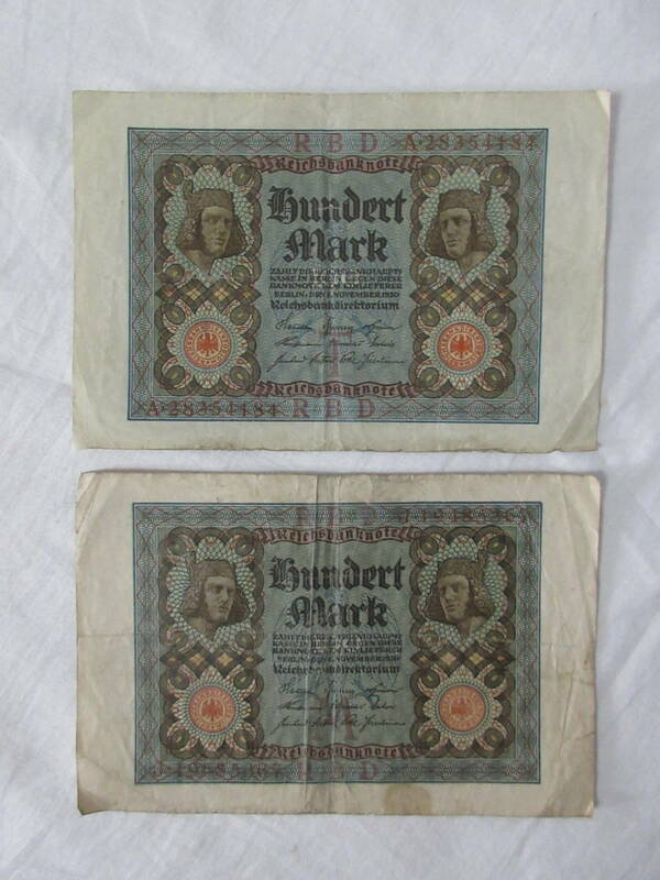 ◆希少 ドイツ 旧紙幣 【REICHS　BANK】　RBD100マルク 2枚