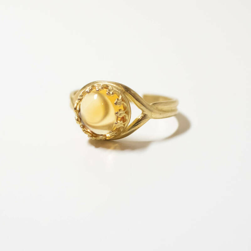 天然石 シトリン クラウン デザイン リング フリーサイズ 指輪 真鍮 ゴールド