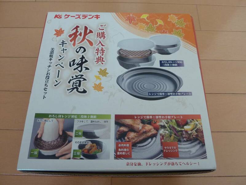 ☆即決！新品　ケーズデンキ 秋の味覚キャンペーン 美濃焼キッチンお役立ちセット フタ付き小鉢２ おろし器１ 深型プレート１☆