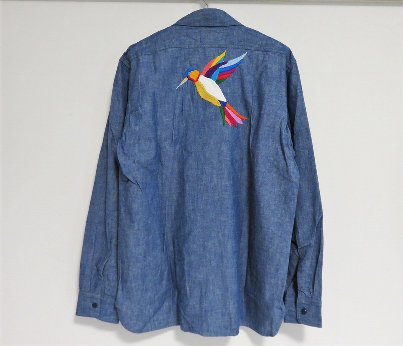 送料無料 定価2.2万 新品 OAXACA ハチドリ刺繍 シャンブレー シャツ L ブルー 日本製 オアハカ 刺繍 エンブロイダリー