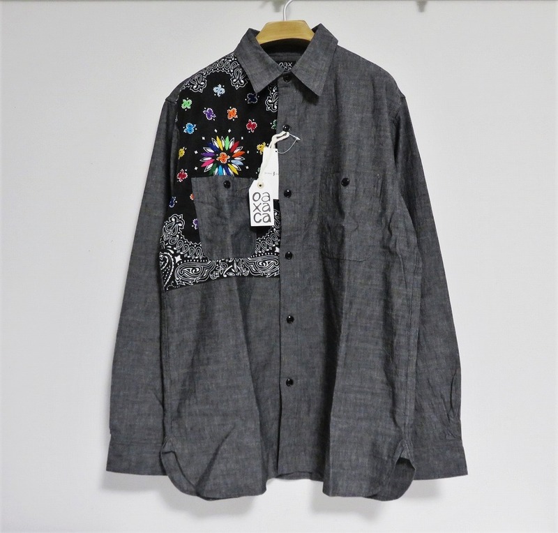 送料無料 定価2.2万 新品 OAXACA ペイズリー バンダナ シャンブレー シャツ XL ブラック 日本製 オアハカ 刺繍